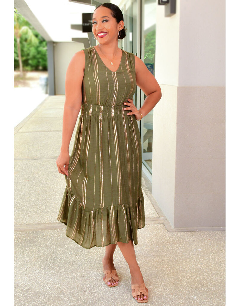 KUSA- Gold Stripe Dress with Elastic Waist