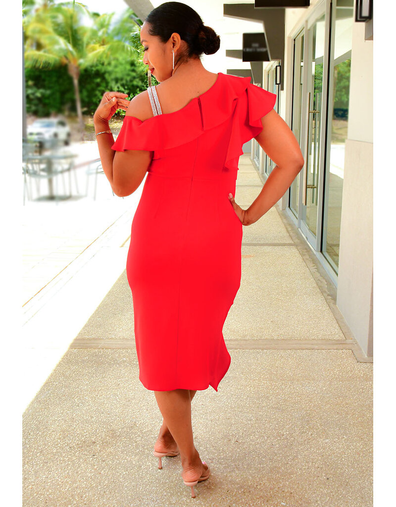 GLAMOUR REVIA- Solid Frill Shoulder Dress with Diamanté Straps