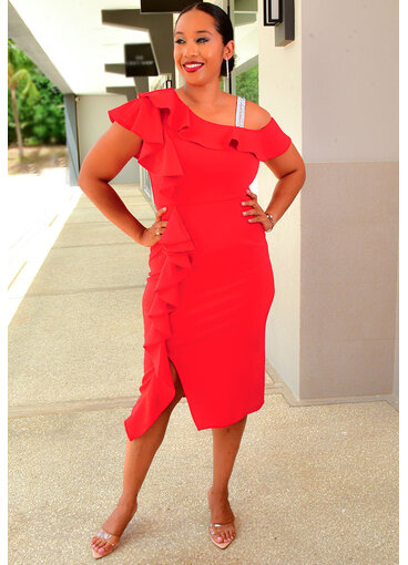 GLAMOUR REVIA- Solid Frill Shoulder Dress with Diamanté Straps