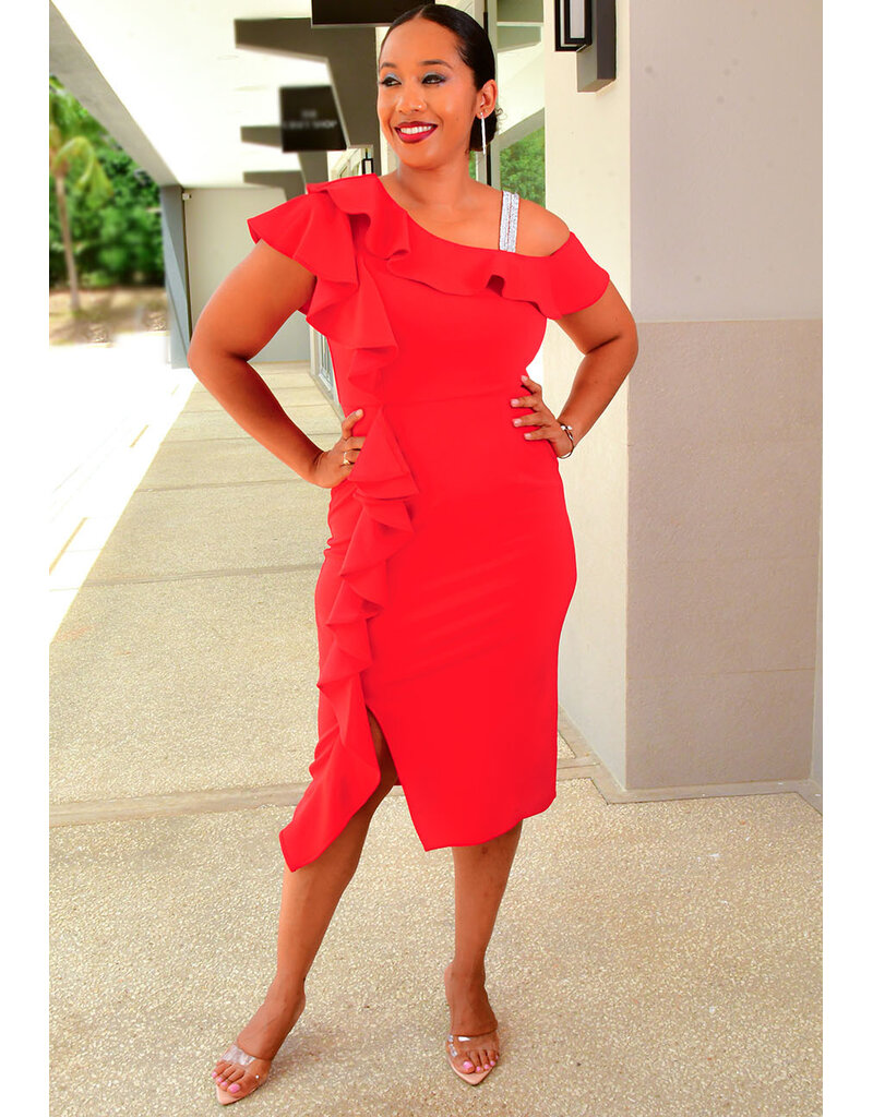 GLAMOUR REVIA- Solid Frill Shoulder Dress with Diamanté Straps