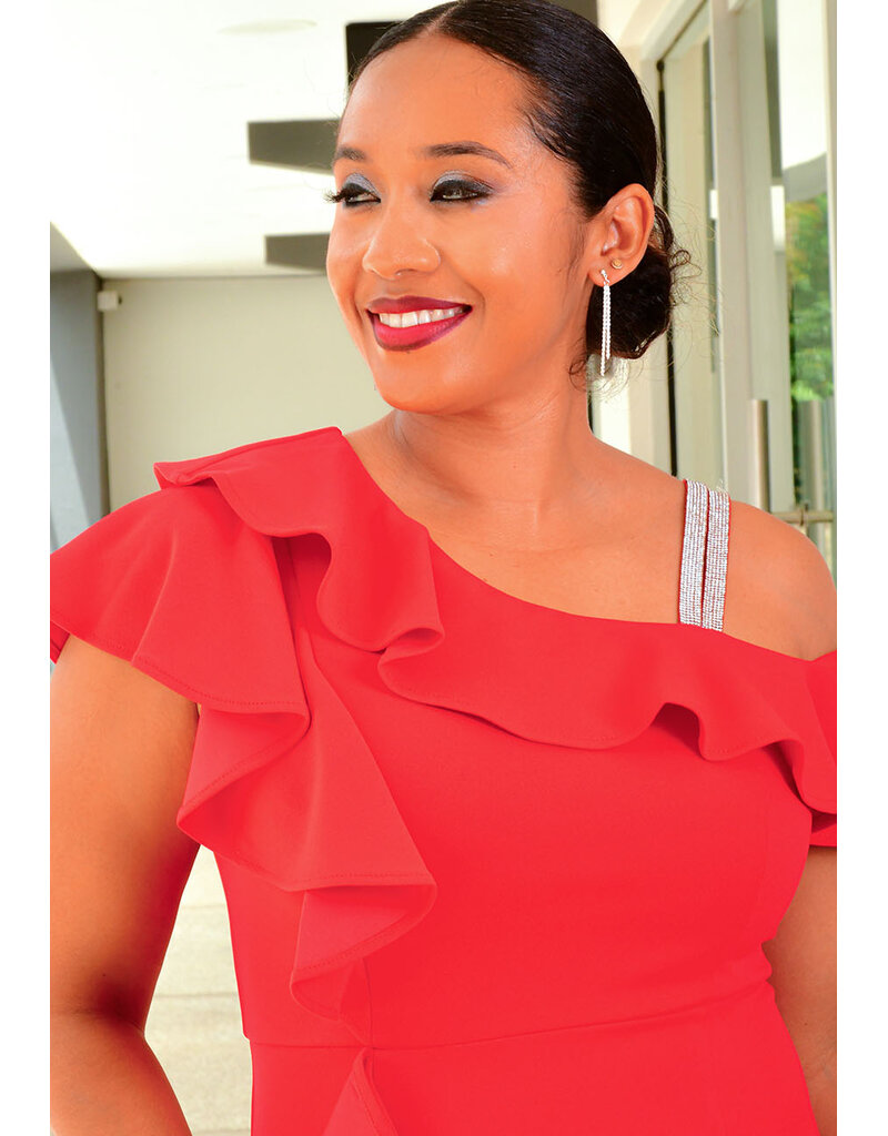 GLAMOUR REVIA- Solid Frill Shoulder Dress with Diamanté Straps