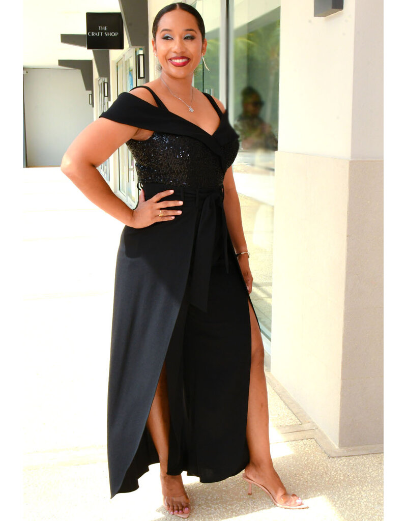 Shelby Nites RIQIO- Frill Cold Shoulder Sequence Top Jumper