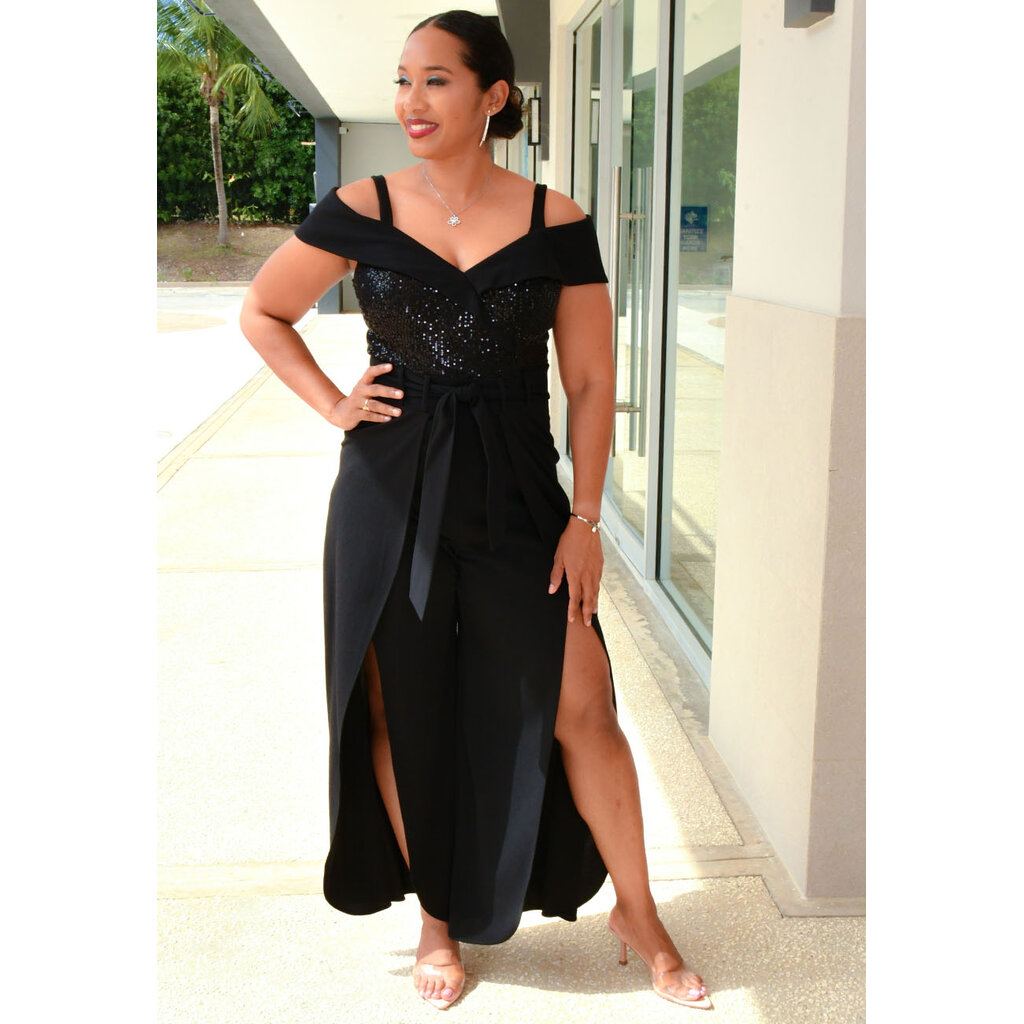 RIQIO- Frill Cold Shoulder Sequence Top Jumper