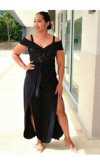 Shelby Nites RIQIO- Frill Cold Shoulder Sequence Top Jumper