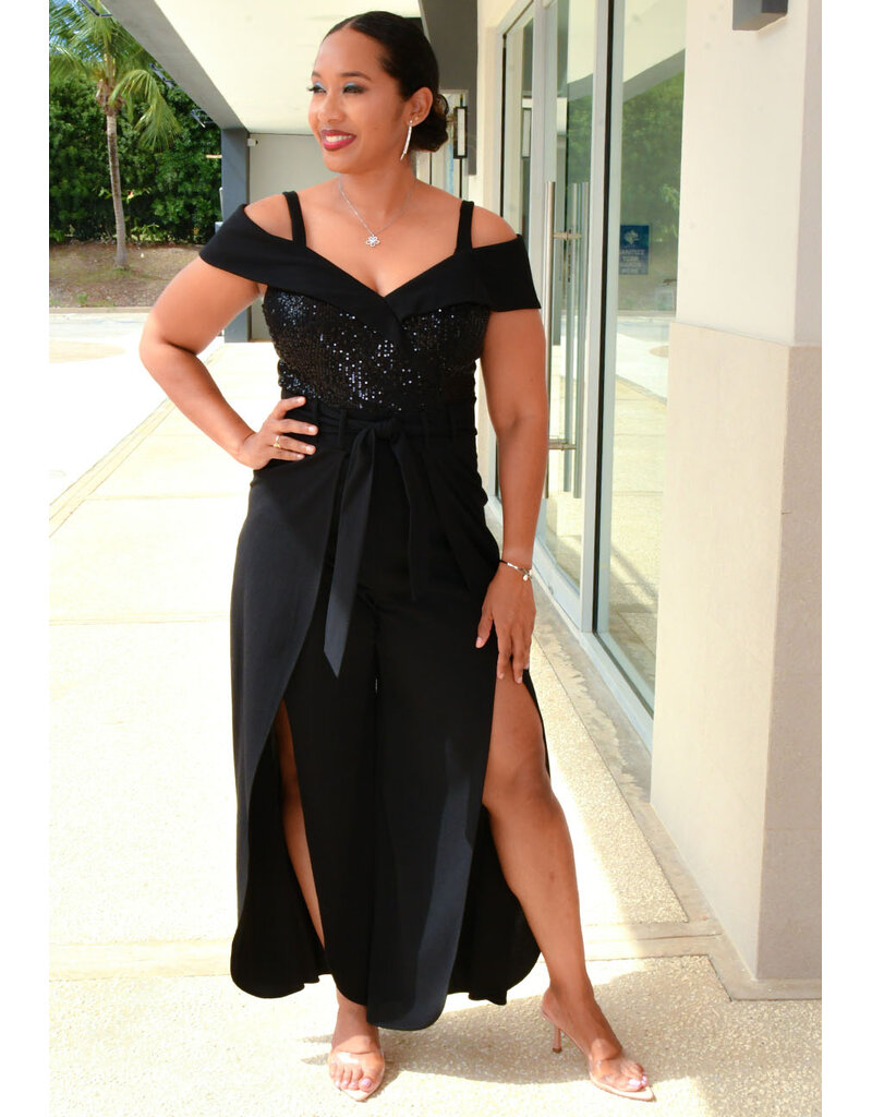 Shelby Nites RIQIO- Frill Cold Shoulder Sequence Top Jumper