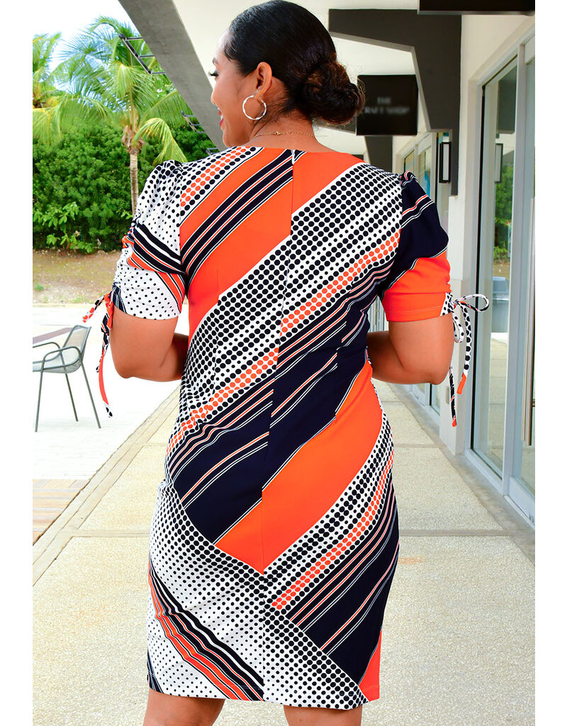ROMILDA- Dotted & Stripe Dress with Drawstring Sleeves