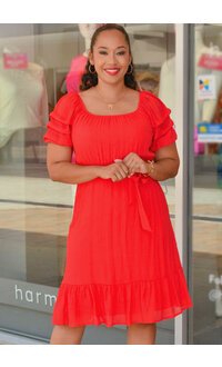 GENIA- Solid Puff Sleeve Dress with Frill Hem