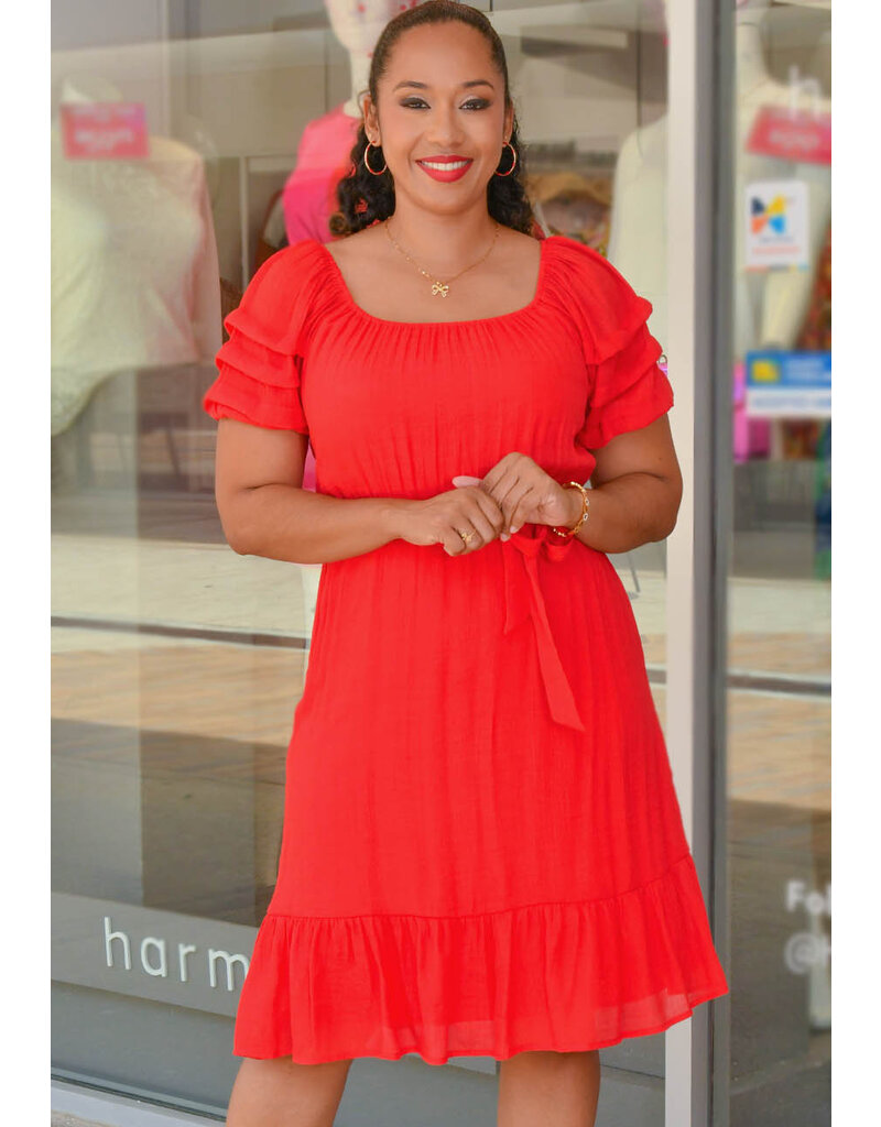 GENIA- Solid Puff Sleeve Dress with Frill Hem