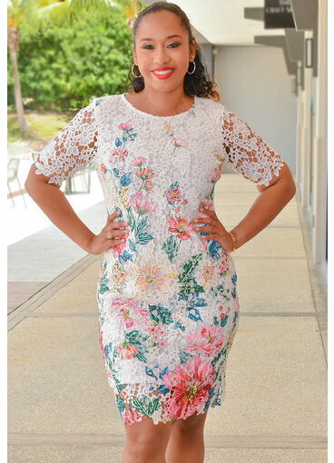 Nina Leonard CARRIE- Printed Short Sleeve Round Neck Dress