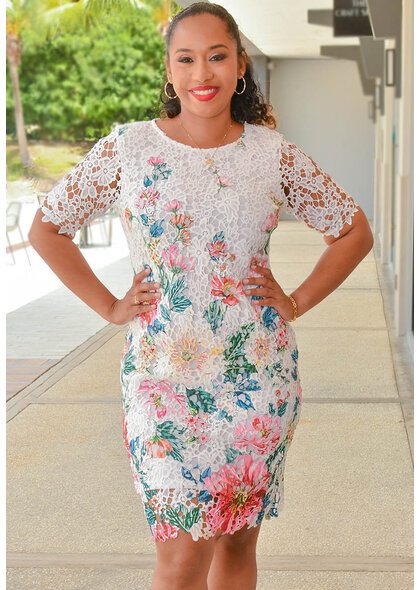 Nina Leonard CARRIE- Printed Short Sleeve Round Neck Dress