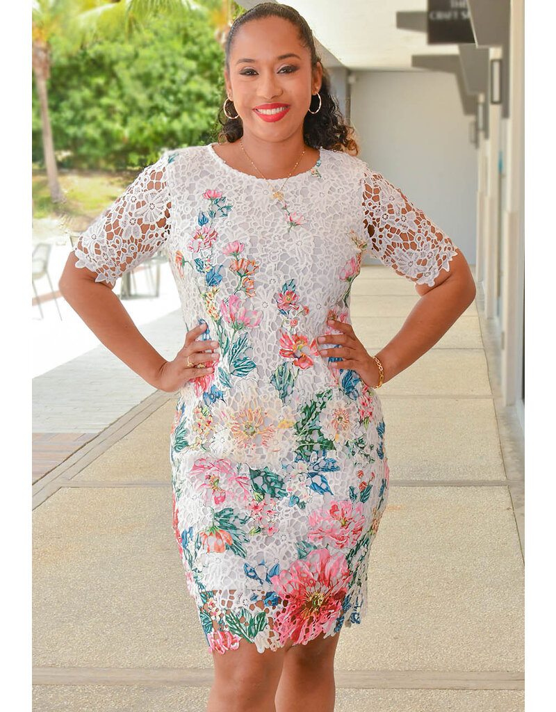 Nina Leonard CARRIE- Printed Short Sleeve Round Neck Dress