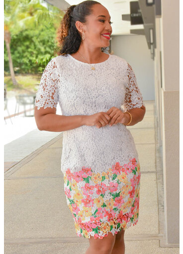 Nina Leonard COLE- Crochet Dress with Floral Bottom