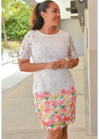 Nina Leonard COLE- Crochet Dress with Floral Bottom