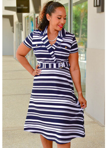 Shelby & Palmer RIFLIA- Fit & Flare Stripe Dress with Collar