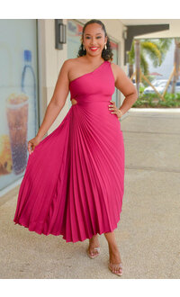 SANSIO- Long Solid Pleated One Shoulder Dress