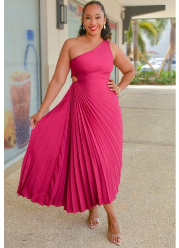 SANSIO- Long Solid Pleated One Shoulder Dress