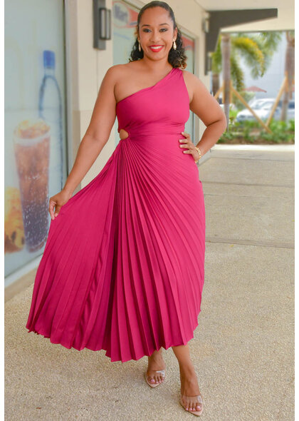 SANSIO- Long Solid Pleated One Shoulder Dress