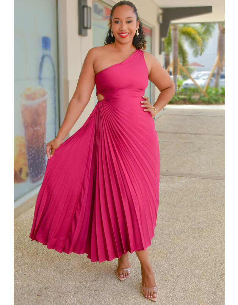 SANSIO- Long Solid Pleated One Shoulder Dress
