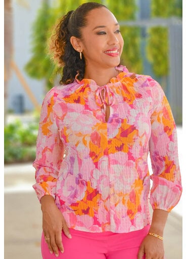 Counterparts VAHEA- Floral Frill Neck Top with Tie