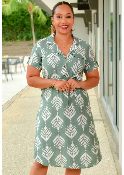 MOON MAVEN KESTER- Printed Short Sleeve Dress with Buttons