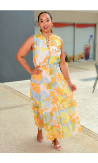 MSK KEEM- Long Printed Dress with Elastic Waist