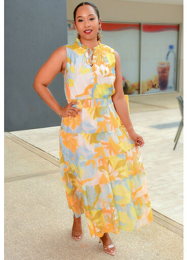 MSK KEEM- Long Printed Dress with Elastic Waist