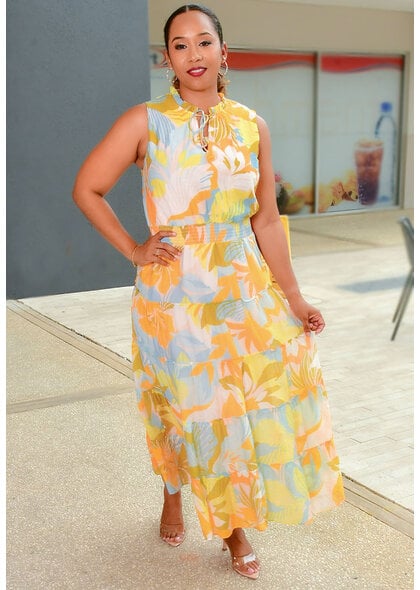 MSK KEEM- Long Printed Dress with Elastic Waist