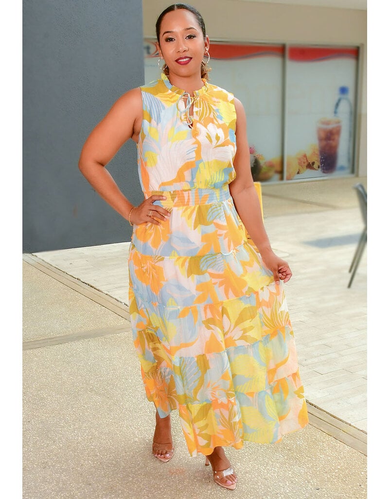 MSK KEEM- Long Printed Dress with Elastic Waist