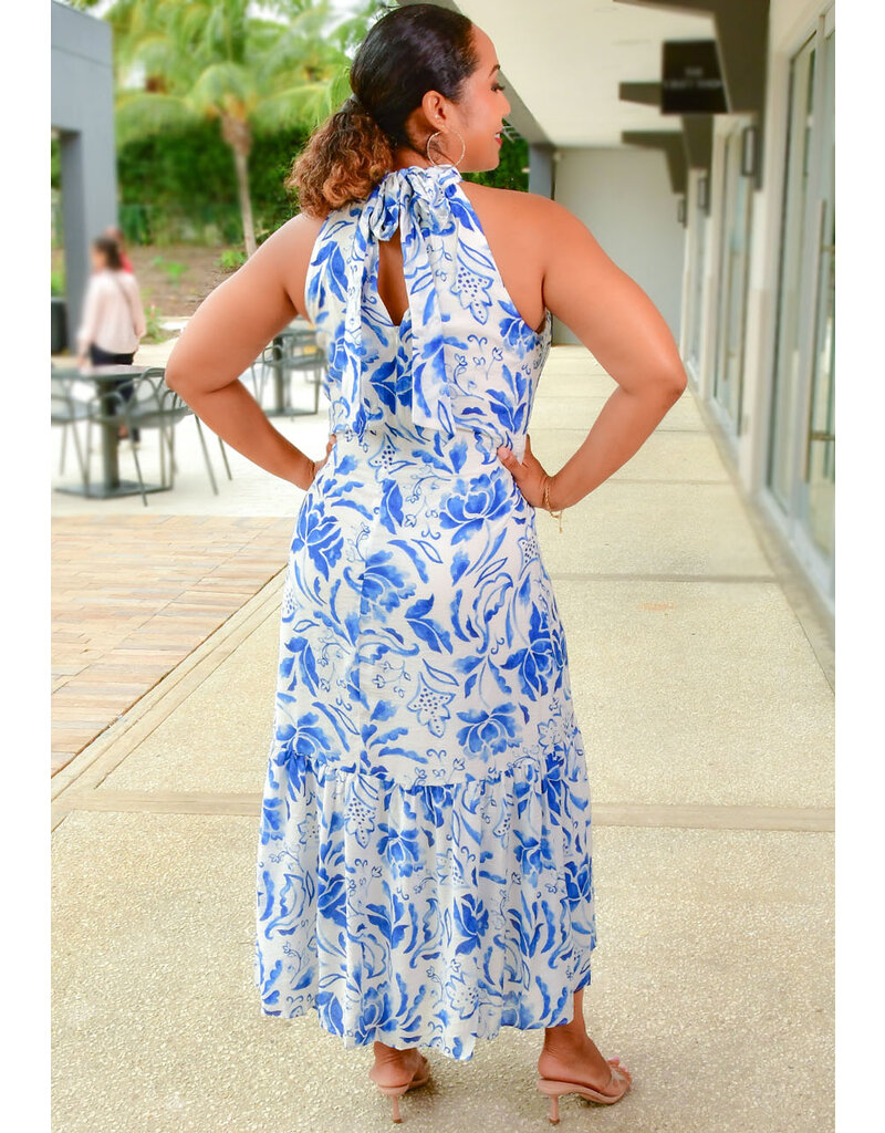 MSK KABY- Long Printed Dress with Tie Neck
