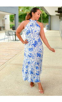 MSK KABY- Long Printed Dress with Tie Neck