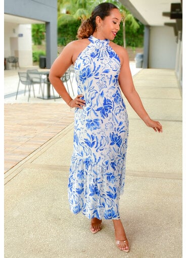 MSK KABY- Long Printed Dress with Tie Neck