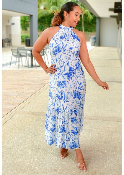 MSK KABY- Long Printed Dress with Tie Neck