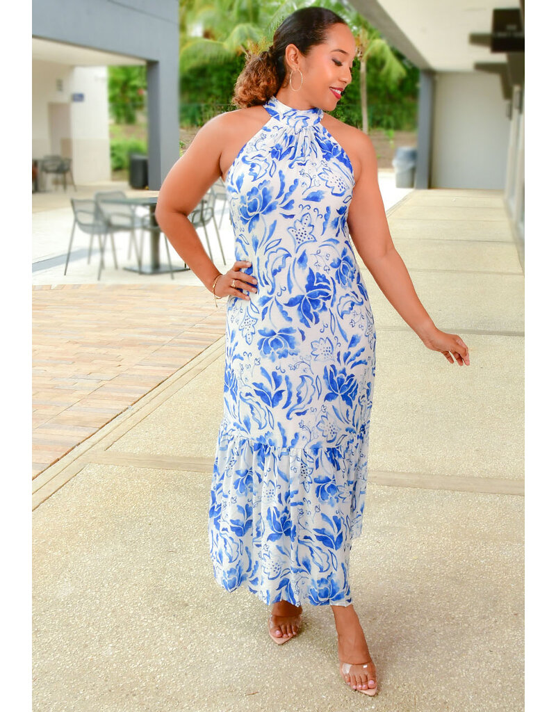 MSK KABY- Long Printed Dress with Tie Neck