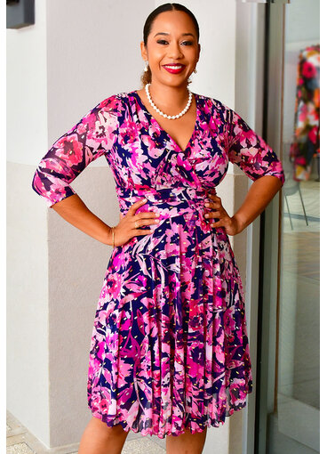 MIHIPA- Foil Print Lap Top 3/4 Sleeve Dress