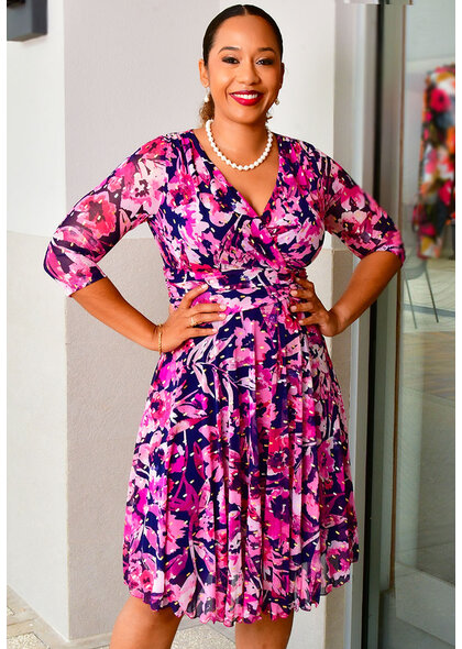 MIHIPA- Foil Print Lap Top 3/4 Sleeve Dress