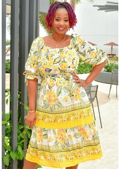 FIGUEROA & FLOWER FIGINE- Floral Square Neck Dress with Tie Sleeve