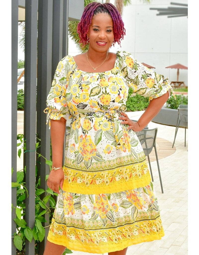 FIGUEROA & FLOWER FIGINE- Floral Square Neck Dress with Tie Sleeve