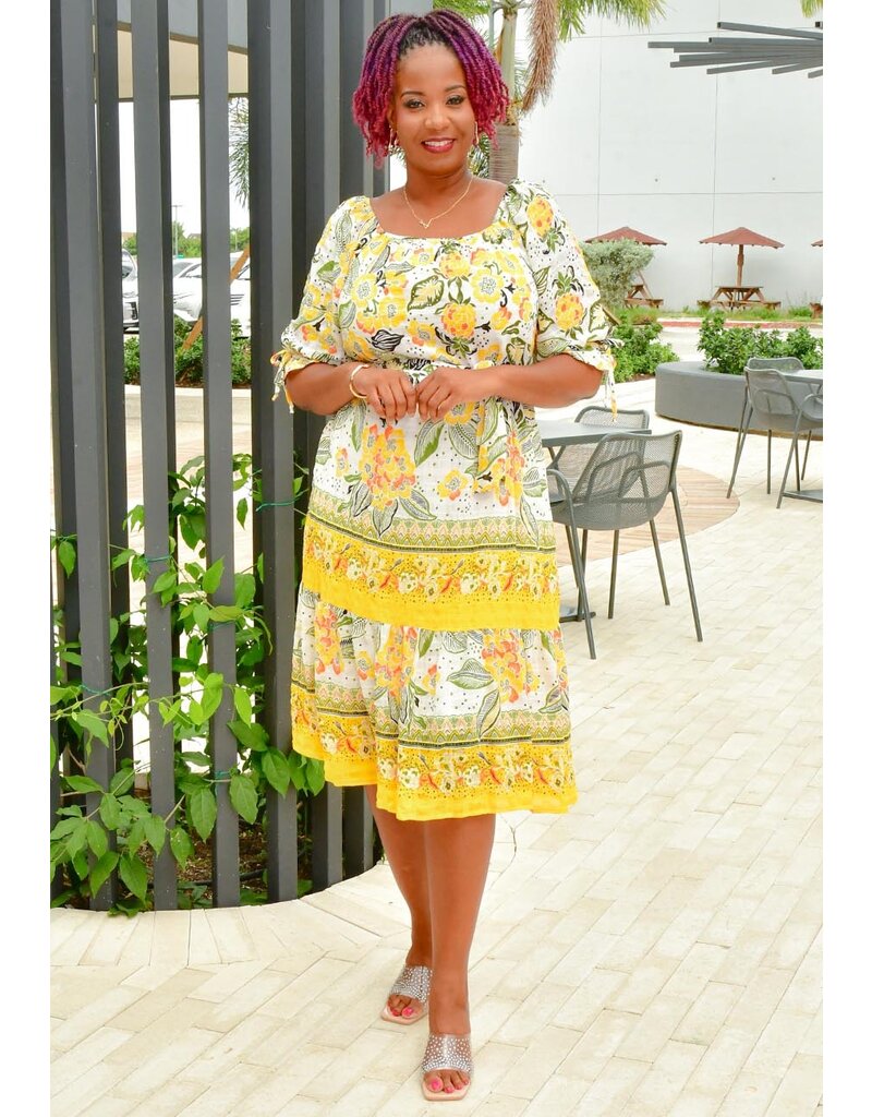 FIGUEROA & FLOWER FIGINE- Floral Square Neck Dress with Tie Sleeve
