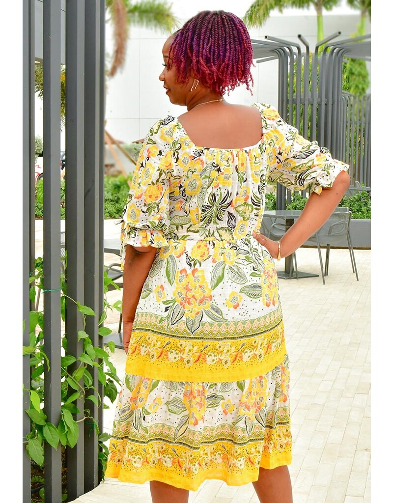 FIGUEROA & FLOWER FIGINE- Floral Square Neck Dress with Tie Sleeve