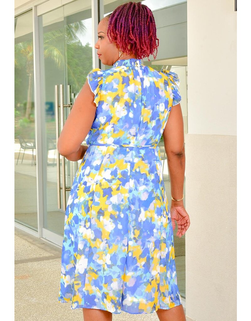 Nina Leonard FERRLIN- Floral Frill Arm Elastic Neck Dress