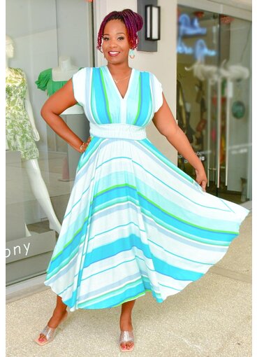Maison Tara NIKIE- Long Stripe Dress with V-Neck