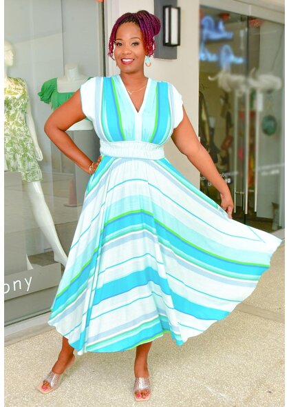 Maison Tara NIKIE- Long Stripe Dress with V-Neck
