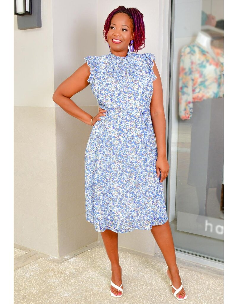 Nina Leonard FERRLIN- Floral Frill Arm Elastic Neck Dress