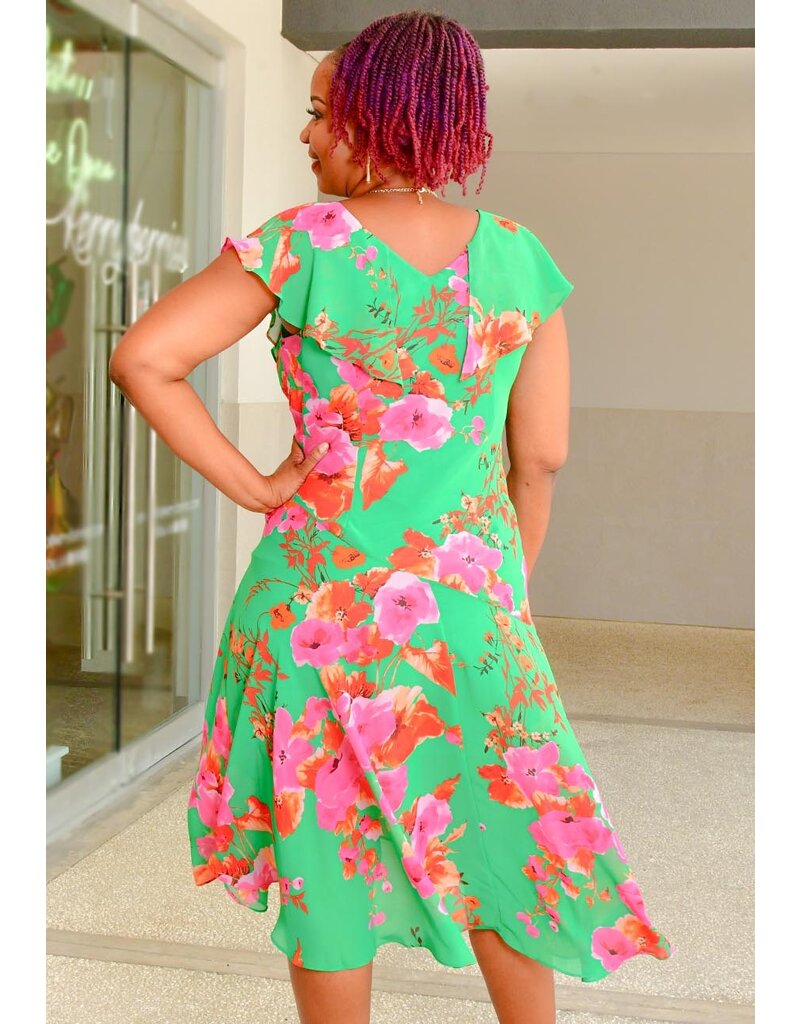 Signature KARLI- Floral Frill Arms Dress with Hi-Lo Hem