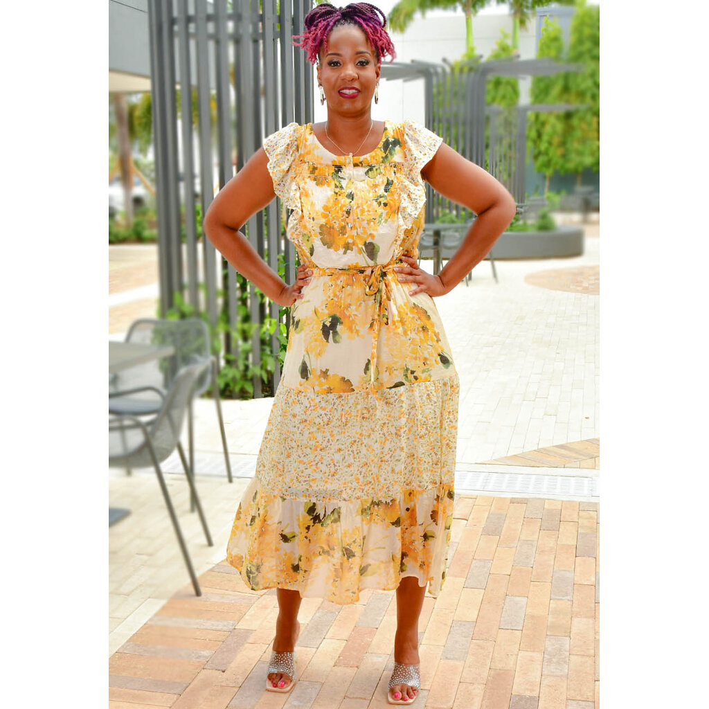 IDREES- Long Printed Frill Arm Dress with Band
