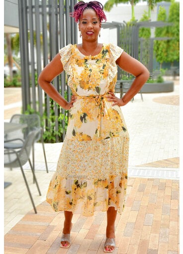 FIGUEROA & FLOWER IDREES- Long Printed Frill Arm Dress with Band