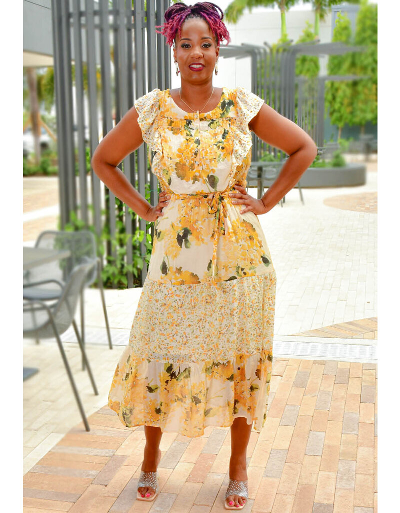 FIGUEROA & FLOWER IDREES- Long Printed Frill Arm Dress with Band