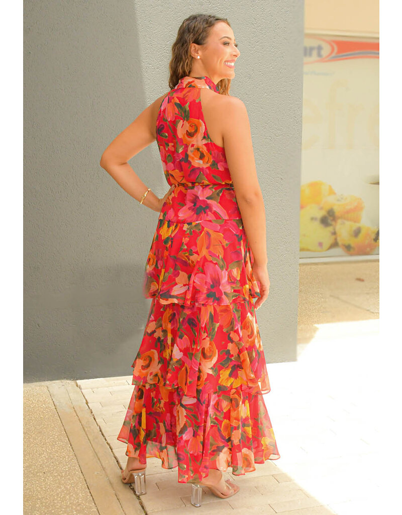 Julia Jordan FIHAD- Long Floral Hi Neck Dress with Shutters