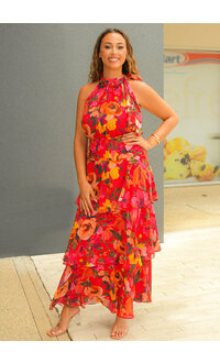 Julia Jordan FIHAD- Long Floral Hi Neck Dress with Shutters