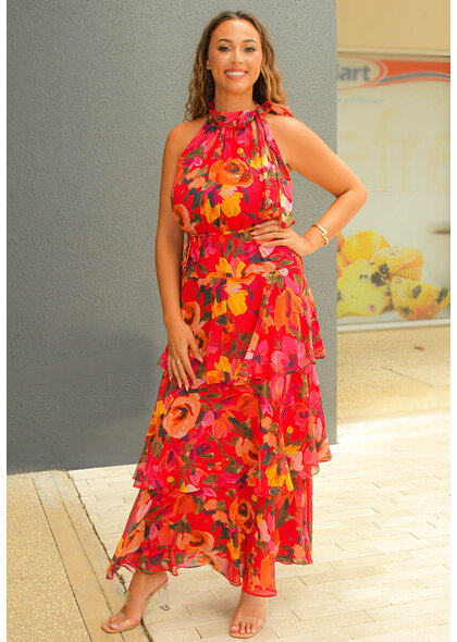 Julia Jordan FIHAD- Long Floral Hi Neck Dress with Shutters